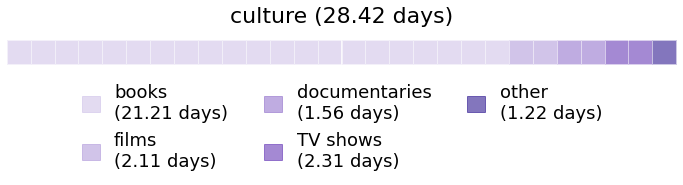 A calendar showing how much time I spent on different subcategories within culture